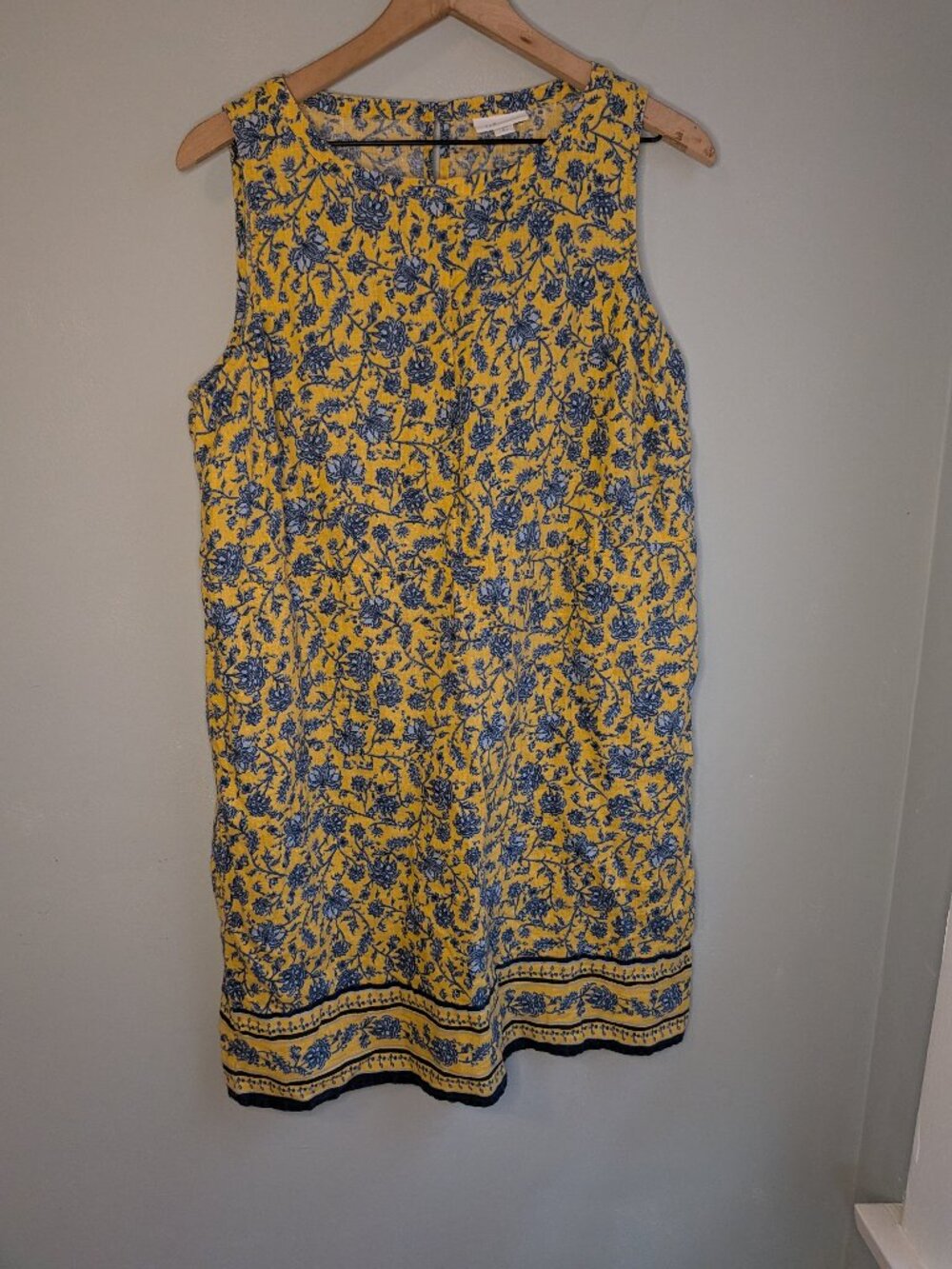 J JILL Love 100% Linen Sleeveless Shift Dress Yellow Floral Womens Medium Petite
